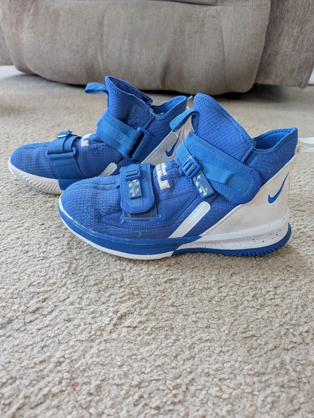 Nike Mens LeBron Soldier Basketball Blue and White High-Top Athletic Shoes